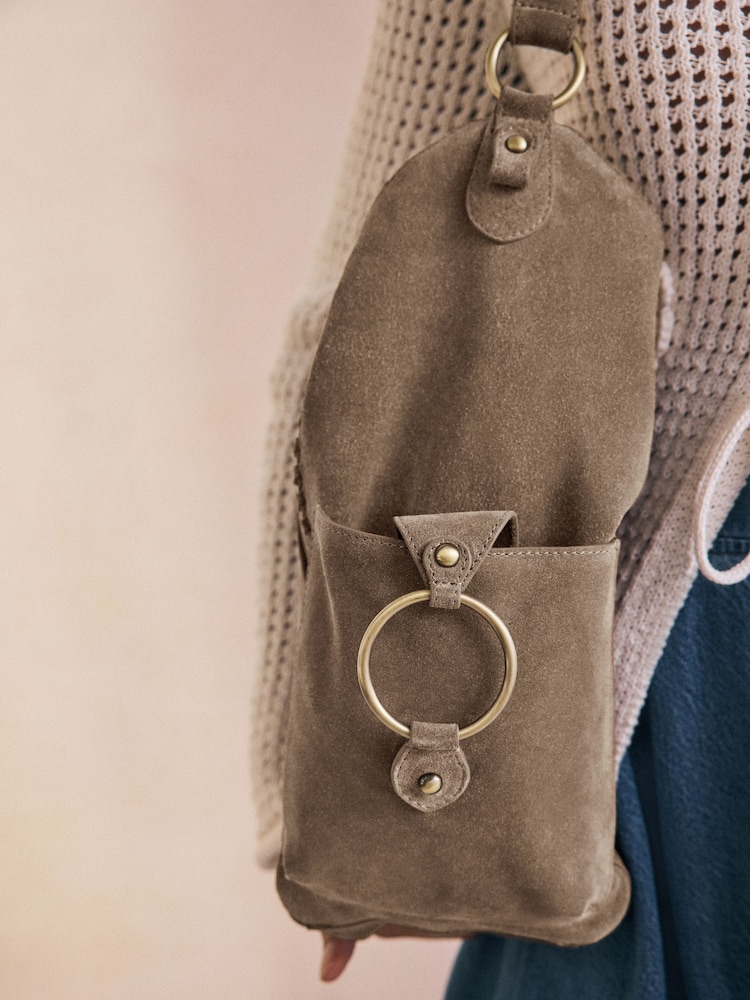 Taupe Suede Whipstitch Shoulder Bag - Image 6 of 12