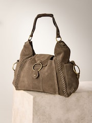 Taupe Suede Whipstitch Shoulder Bag - Image 8 of 12