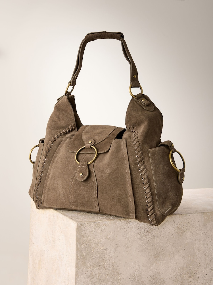 Taupe Suede Whipstitch Shoulder Bag - Image 8 of 12