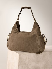Taupe Suede Whipstitch Shoulder Bag - Image 9 of 12