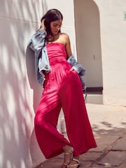 Bright Pink Stripe Bandeau Seersucker Jumpsuit - Image 1 of 7