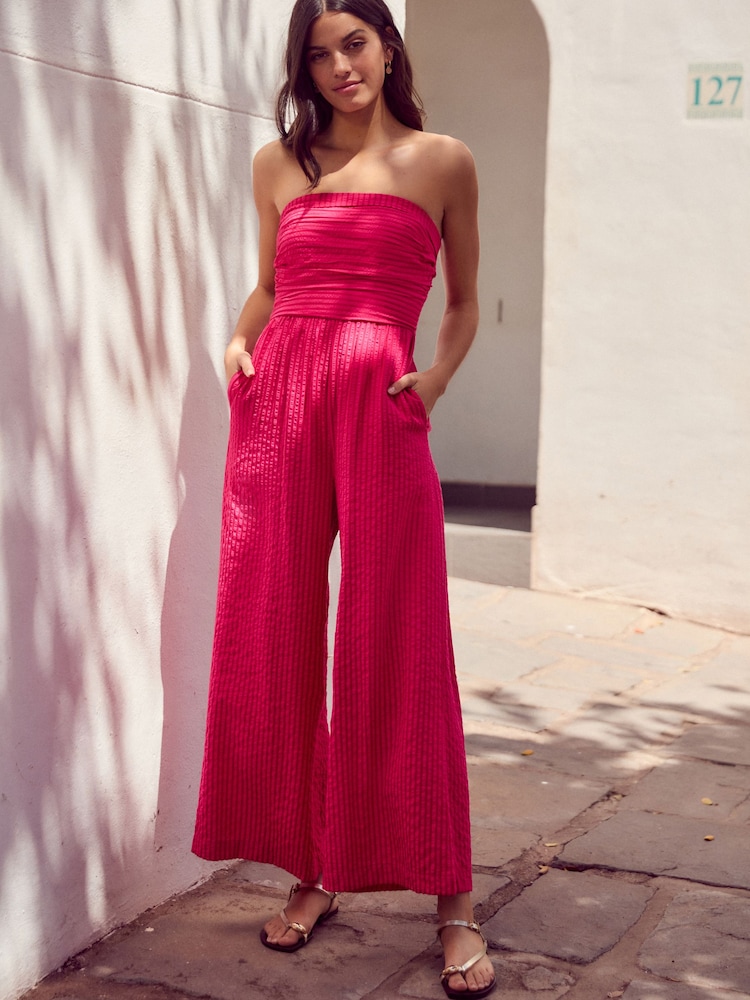 Bright Pink Stripe Bandeau Seersucker Jumpsuit - Image 2 of 7