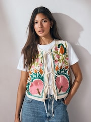 Bright Floral Print Embroidered Cropped Waistcoat - Image 1 of 10