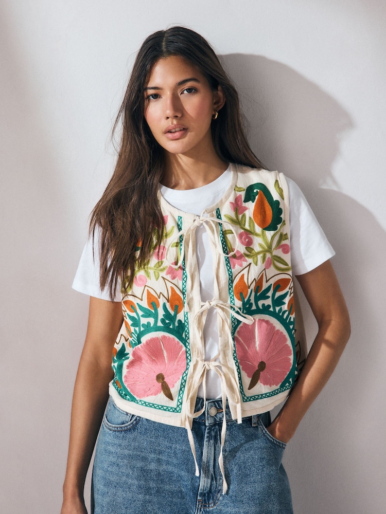 Bright Floral Print Embroidered Cropped Waistcoat - Image 1 of 10