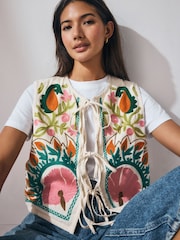 Bright Floral Print Embroidered Cropped Waistcoat - Image 2 of 10