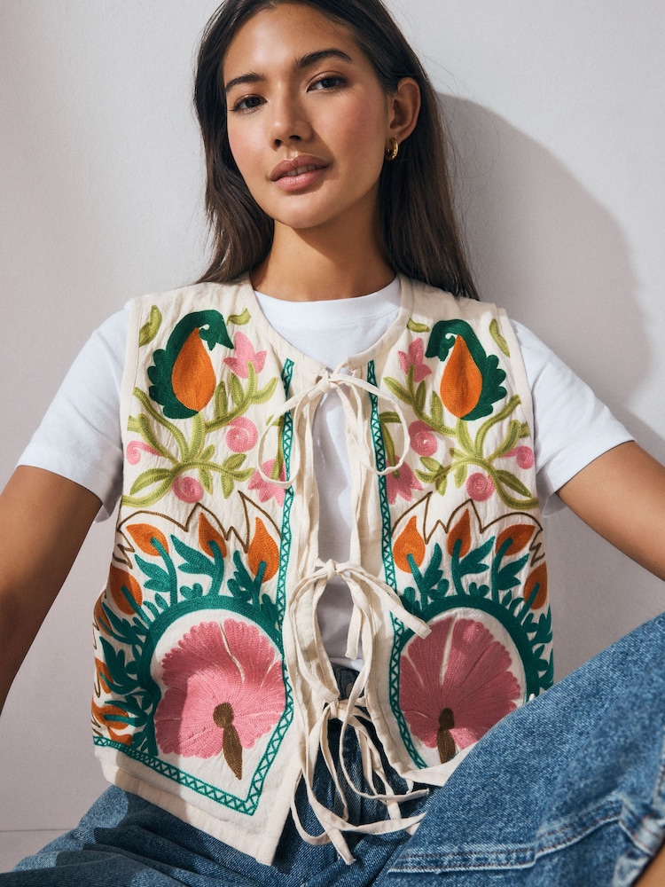 Bright Floral Print Embroidered Cropped Waistcoat - Image 2 of 10
