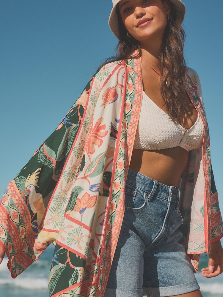 Tropical Floral Short Kimono Cover-Up - Image 4 of 9