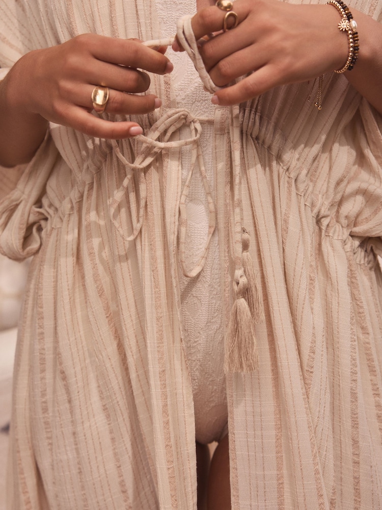 Neutral Stripe Tie Front Maxi Length Kimono - Image 6 of 9