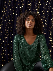 Evans V-Neck Long Sleeve Sequin Top - Image 1 of 6