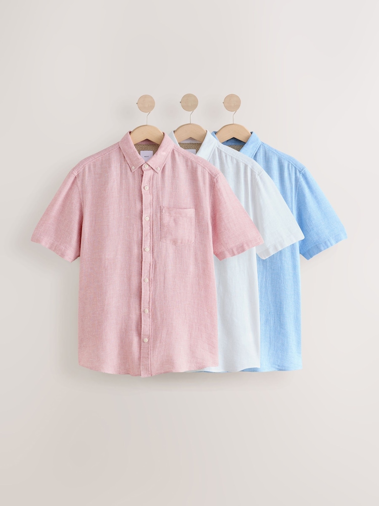 White/Blue/Pink Cotton Linen Blend Short Sleeve Shirt Multipack - Image 1 of 11