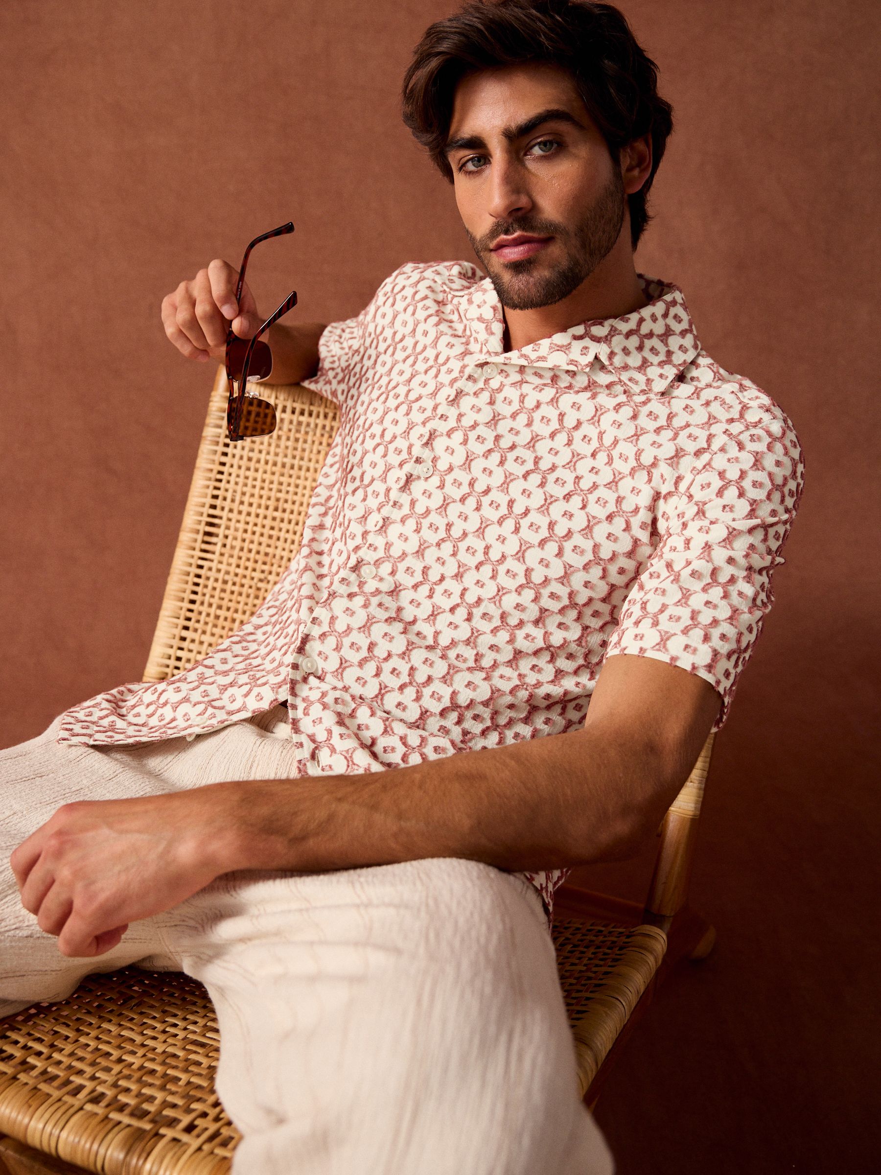 Red Trellis Textured Short Sleeve 100% Cotton Shirt