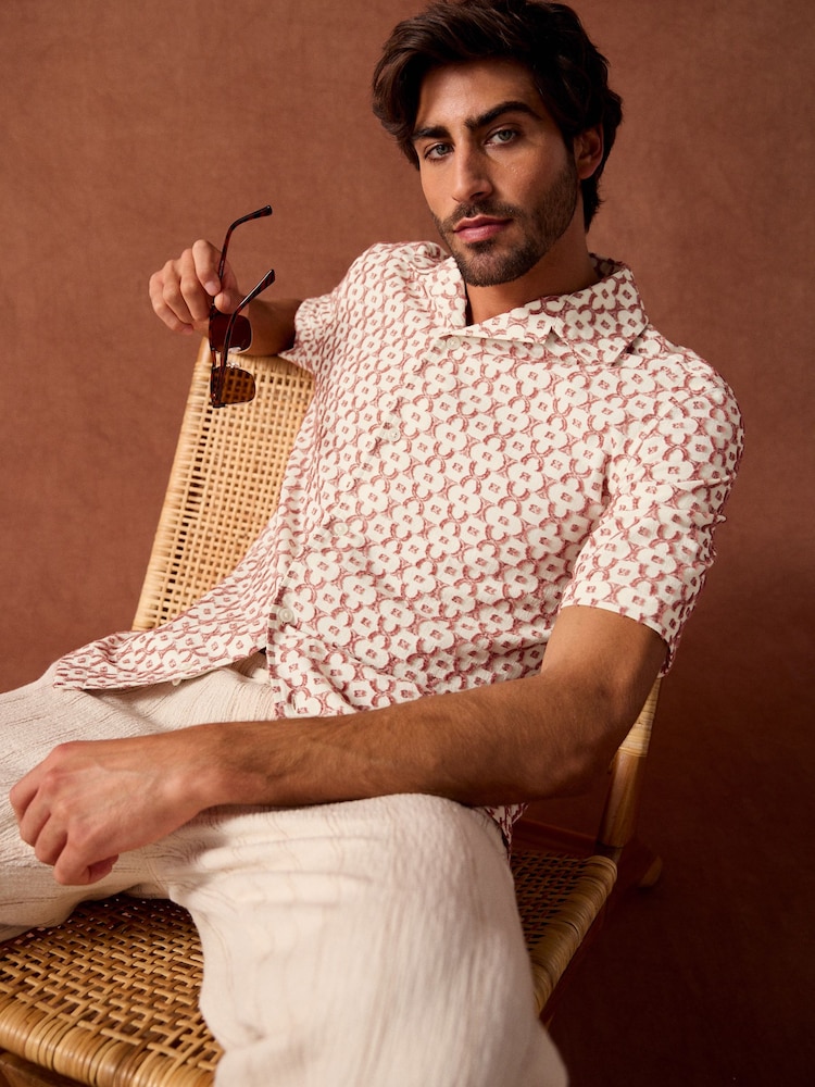 Red Trellis Textured Short Sleeve 100% Cotton Shirt - Image 1 of 7