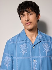 Blue Floral Embroidered Short Sleeve 100% Cotton Shirt - Image 1 of 8