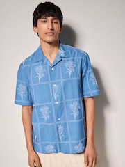 Blue Floral Embroidered Short Sleeve 100% Cotton Shirt - Image 2 of 8
