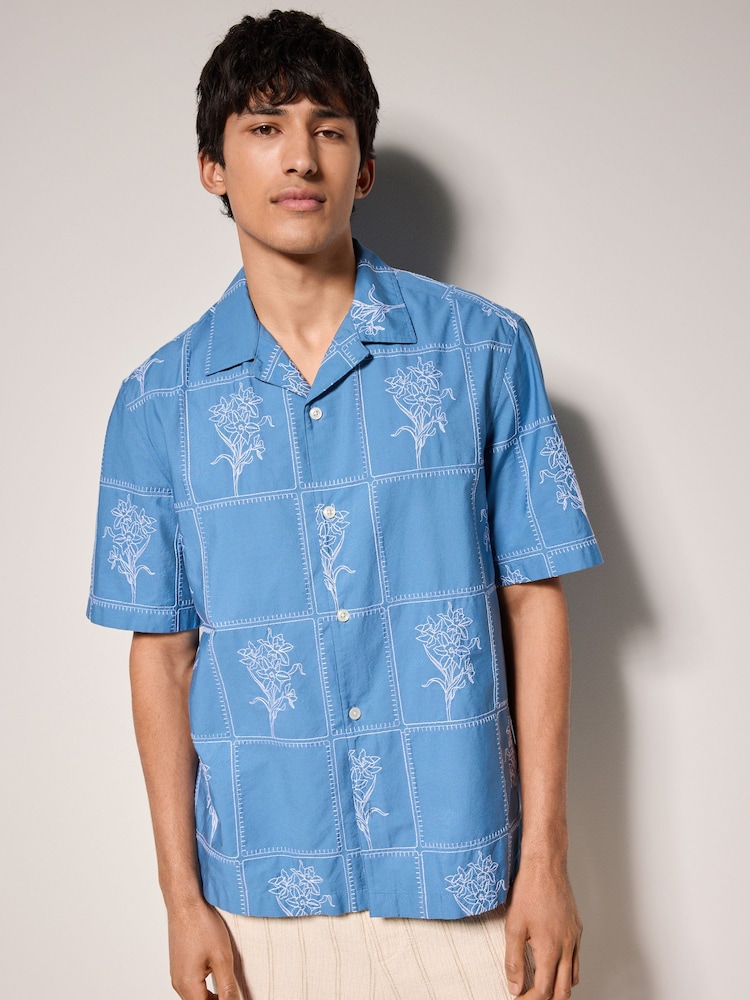 Blue Floral Embroidered Short Sleeve 100% Cotton Shirt - Image 2 of 8