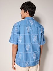 Blue Floral Embroidered Short Sleeve 100% Cotton Shirt - Image 4 of 8