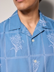 Blue Floral Embroidered Short Sleeve 100% Cotton Shirt - Image 5 of 8