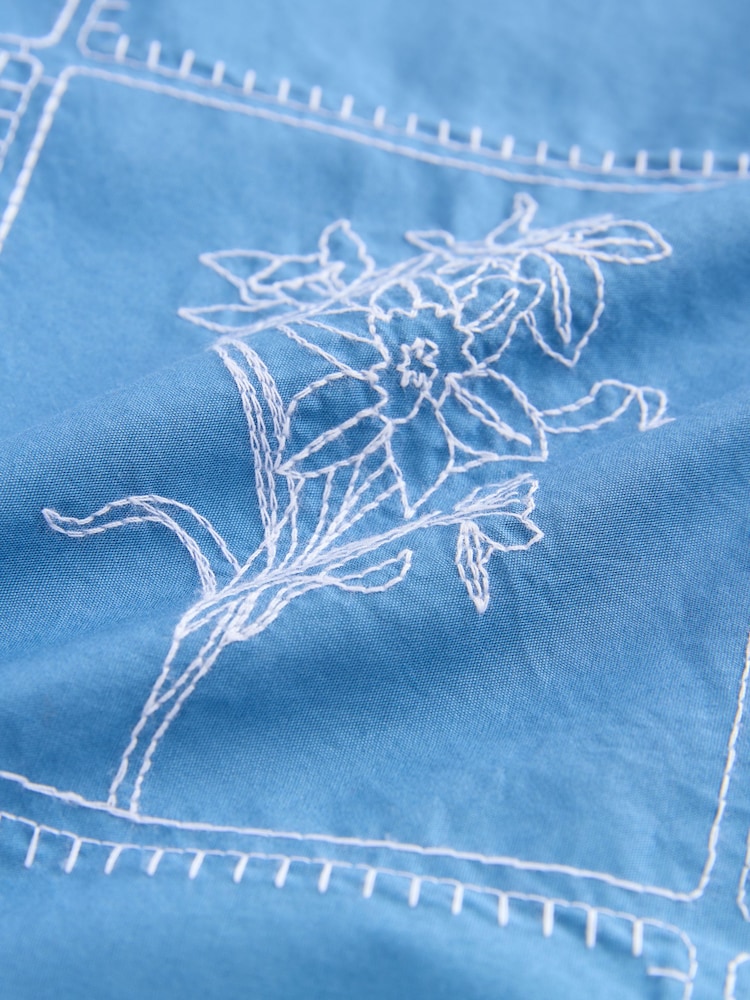 Blue Floral Embroidered Short Sleeve 100% Cotton Shirt - Image 8 of 8
