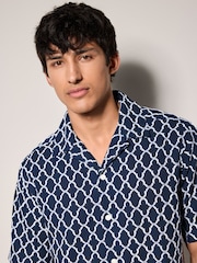 Navy Blue Trellis Textured Short Sleeve 100% Cotton Shirt - Image 1 of 8