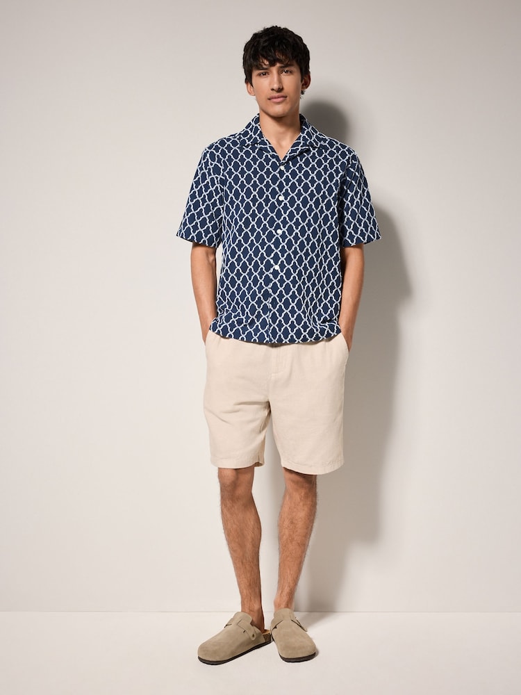 Navy Blue Trellis Textured Short Sleeve 100% Cotton Shirt - Image 2 of 8
