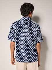 Navy Blue Trellis Textured Short Sleeve 100% Cotton Shirt - Image 3 of 8