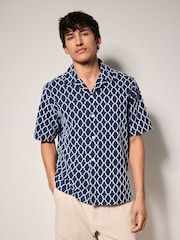 Navy Blue Trellis Textured Short Sleeve 100% Cotton Shirt - Image 4 of 8