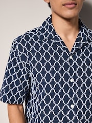 Navy Blue Trellis Textured Short Sleeve 100% Cotton Shirt - Image 5 of 8