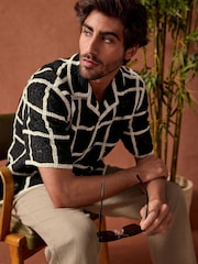 Black/White Crochet Textured Short Sleeve Shirt - Image 1 of 9