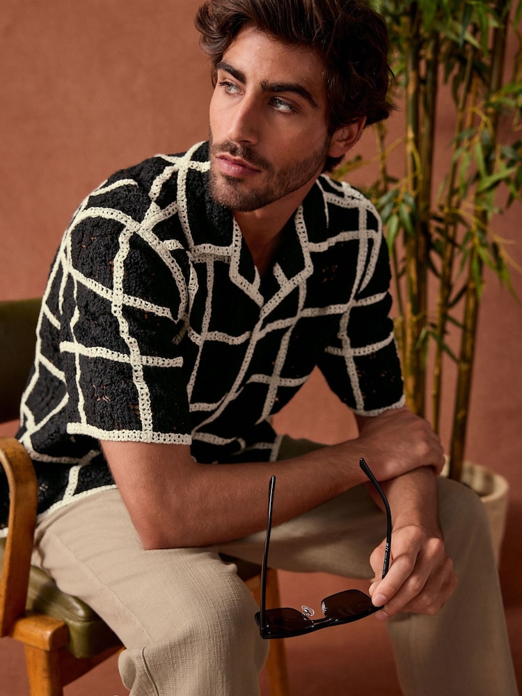Black/White Crochet Textured Short Sleeve Shirt - Image 1 of 9