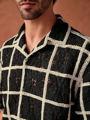 Black/White Crochet Textured Short Sleeve Shirt - Image 6 of 9