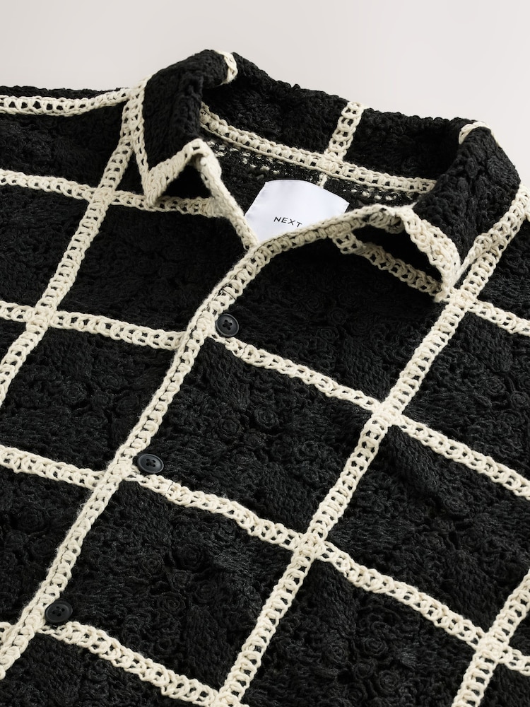 Black/White Crochet Textured Short Sleeve Shirt - Image 9 of 9