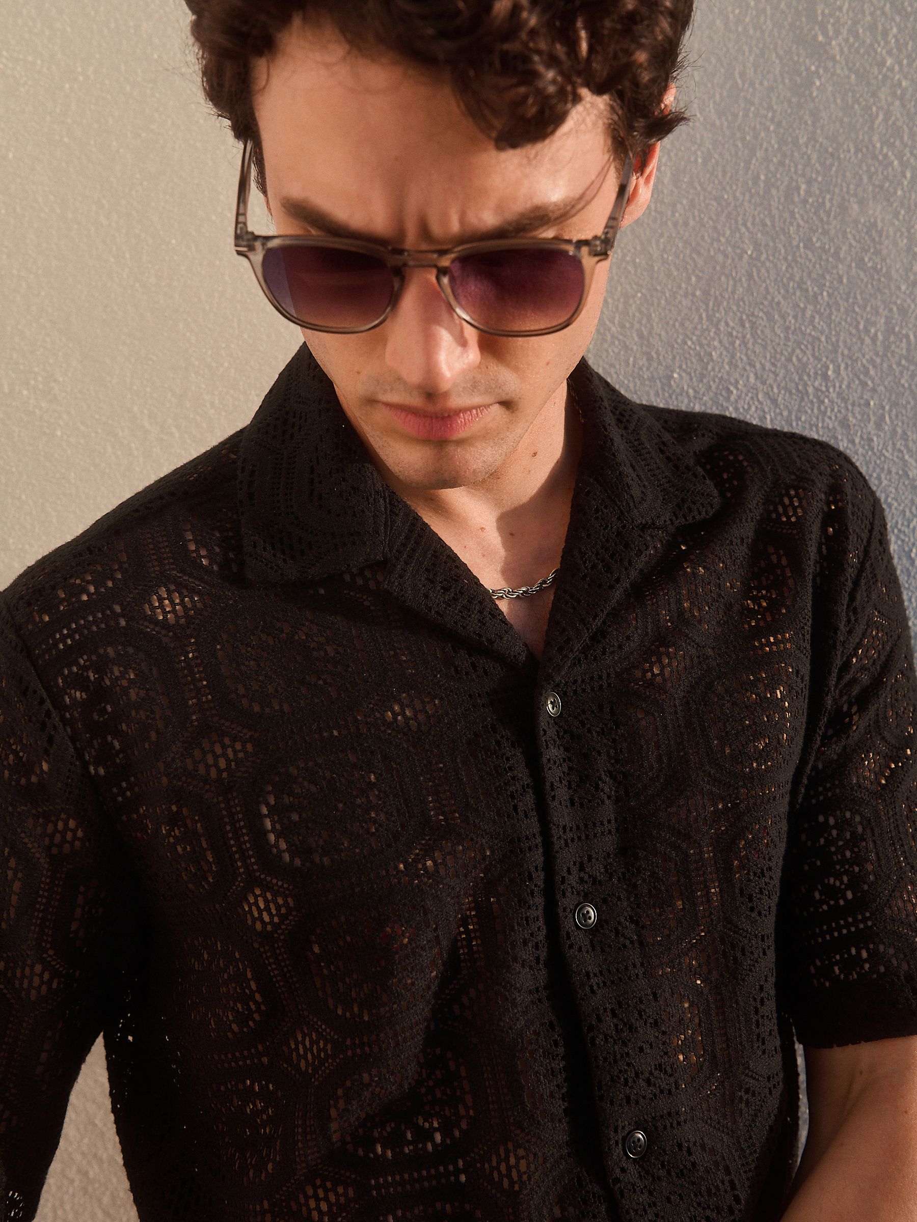 Black Short Sleeve Crochet Shirt with Cuban Collar