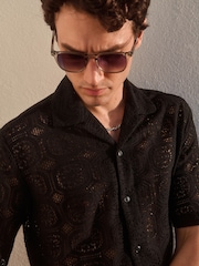 Черный - Short Sleeve Crochet Shirt with Cuban Collar - Изображение 1 из 10