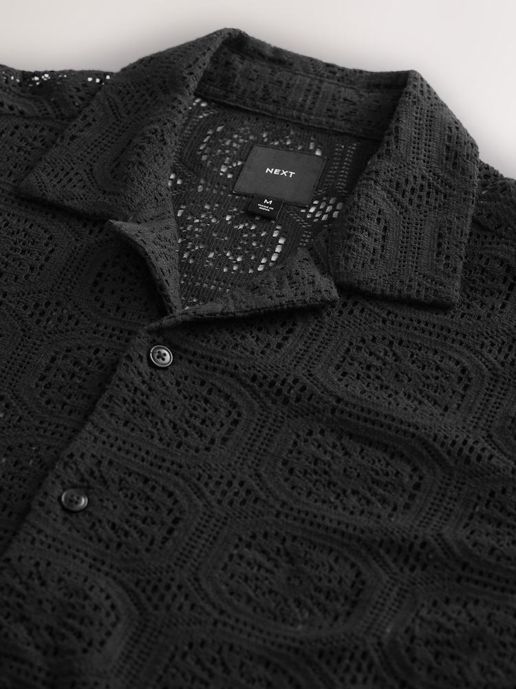 Черный - Short Sleeve Crochet Shirt with Cuban Collar - Изображение 10 из 10