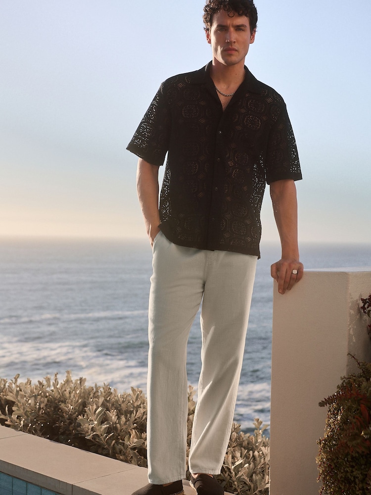 Black Short Sleeve Crochet Shirt with Cuban Collar - Image 2 of 10 Black Short Sleeve Crochet Shirt with Cuban Collar - Image 2 of 10