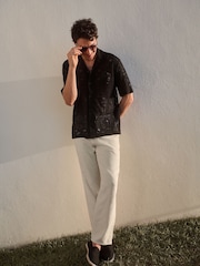 Черный - Short Sleeve Crochet Shirt with Cuban Collar - Изображение 4 из 10