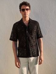 Черный - Short Sleeve Crochet Shirt with Cuban Collar - Изображение 5 из 10