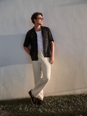 Черный - Short Sleeve Crochet Shirt with Cuban Collar - Изображение 6 из 10