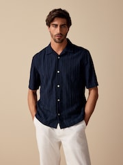 Navy Blue 100% Cotton Textured Stripe Short Sleeve Shirt - Image 1 of 8