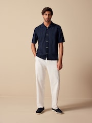 Navy Blue 100% Cotton Textured Stripe Short Sleeve Shirt - Image 2 of 8