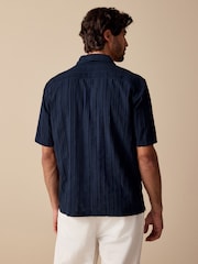 Navy Blue 100% Cotton Textured Stripe Short Sleeve Shirt - Image 3 of 8