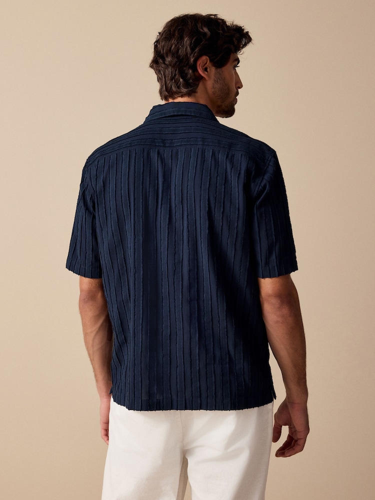 Navy Blue 100% Cotton Textured Stripe Short Sleeve Shirt - Image 3 of 8