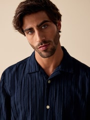 Navy Blue 100% Cotton Textured Stripe Short Sleeve Shirt - Image 4 of 8