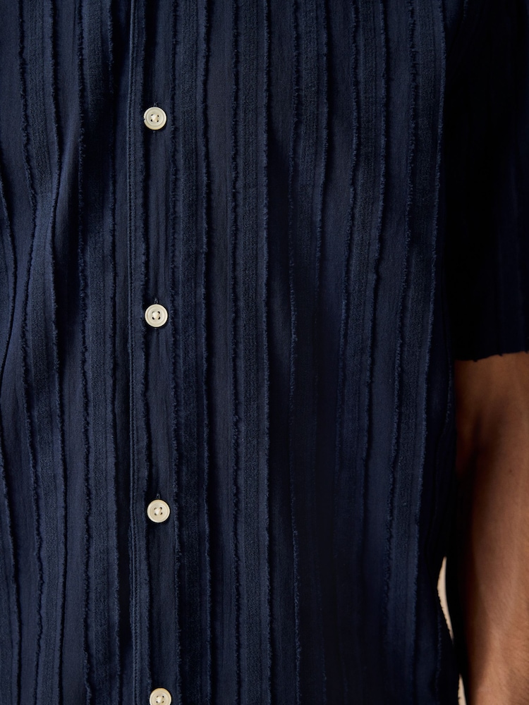 Navy Blue 100% Cotton Textured Stripe Short Sleeve Shirt - Image 5 of 8