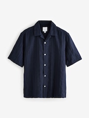 Navy Blue 100% Cotton Textured Stripe Short Sleeve Shirt - Image 6 of 8