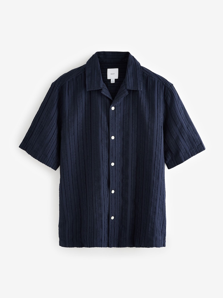 Navy Blue 100% Cotton Textured Stripe Short Sleeve Shirt - Image 6 of 8