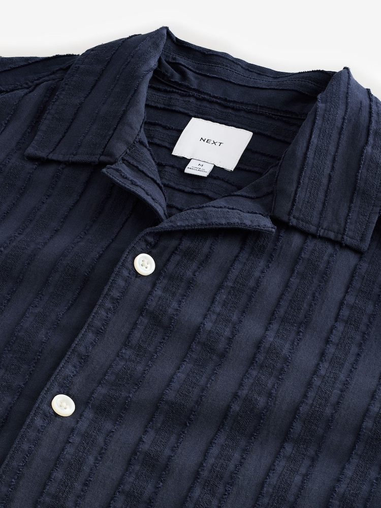 Navy Blue 100% Cotton Textured Stripe Short Sleeve Shirt - Image 8 of 8