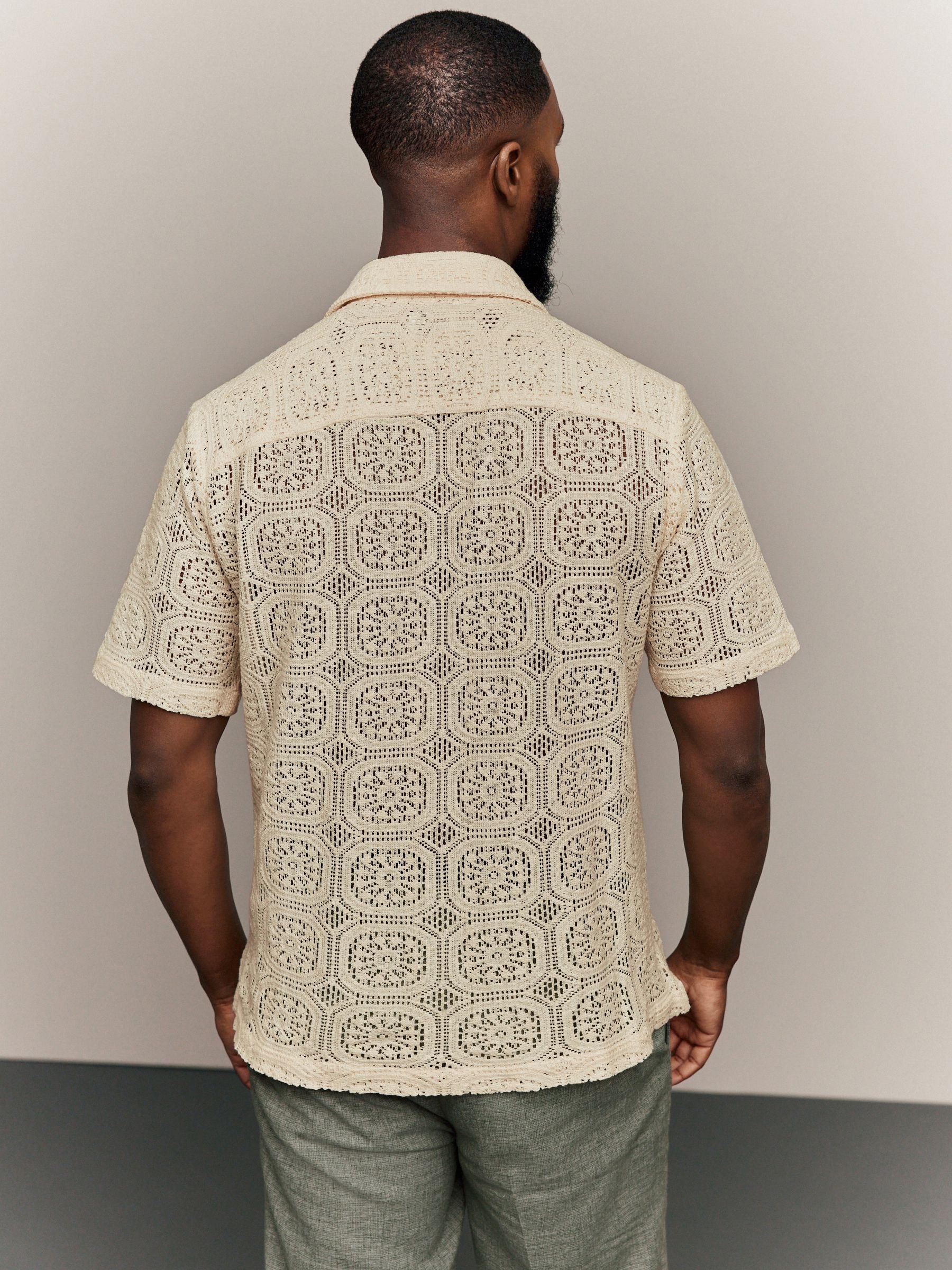 Buy Ecru Short Sleeve Crochet Shirt with Cuban Collar from