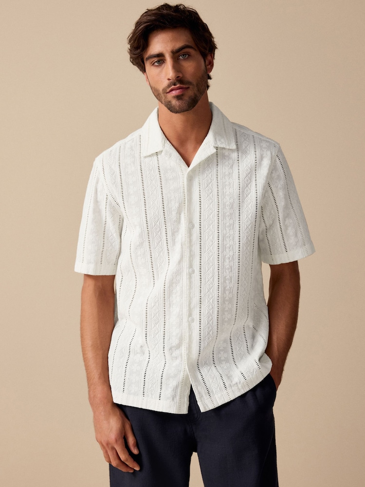 Ecru Cream 100% Cotton Textured Broderie Short Sleeve Shirt - Image 2 of 8