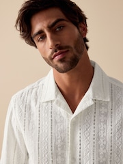 Ecru Cream 100% Cotton Textured Broderie Short Sleeve Shirt - Image 5 of 8